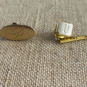 Vintage Monogram P Initial Gold Tone Tie Clip And Tie Pin